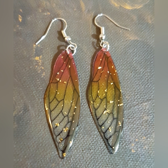 Winging It Earrings Red and Yellow Transluscent Wings Handmade Jewelry - Picture 2 of 12